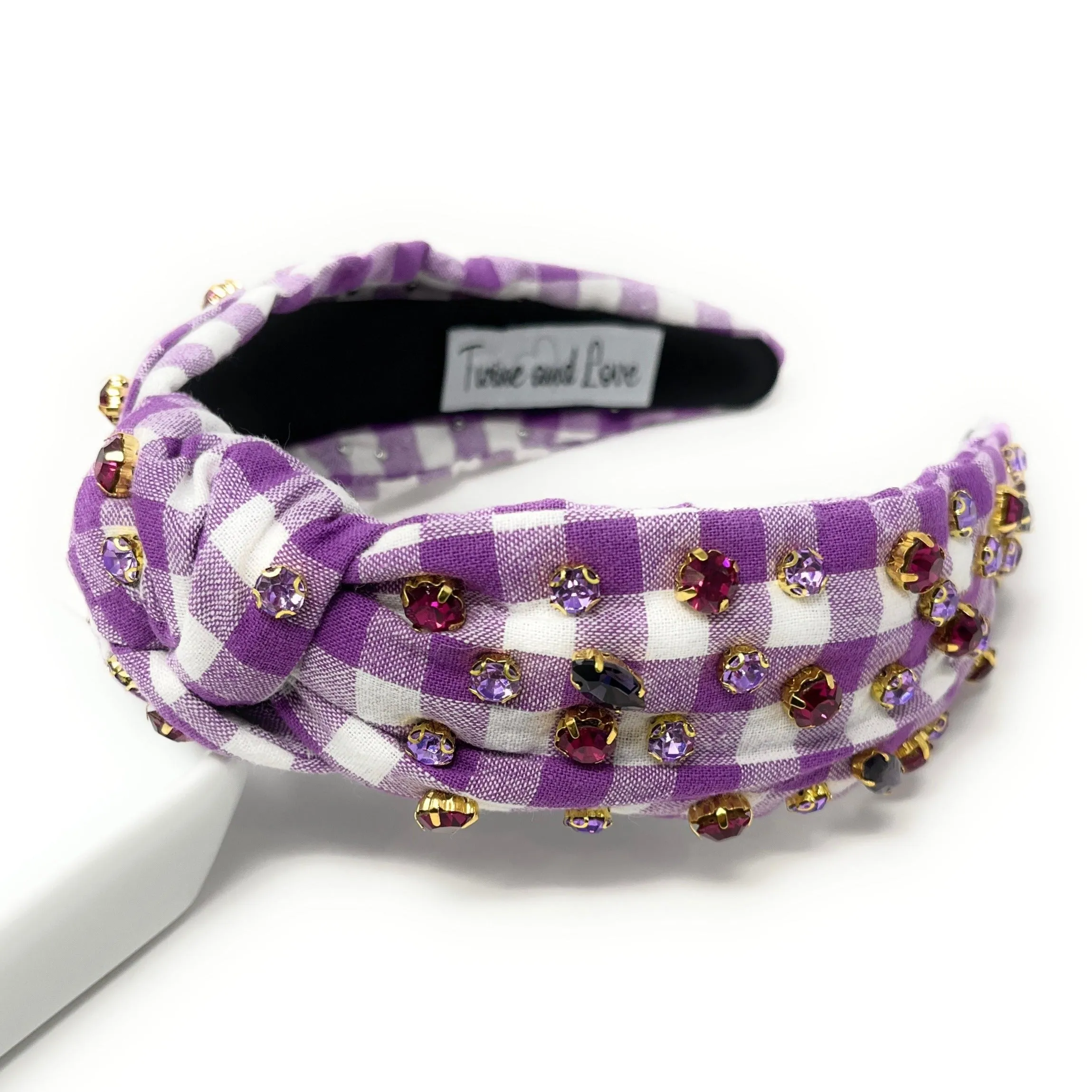 Purple Gingham Jeweled Knot Headband