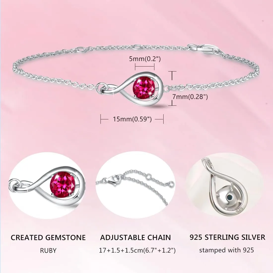 "Infinite Embrace" July Birthstone Ruby Stone Infinity Symbol Sterling Silver Bracelet