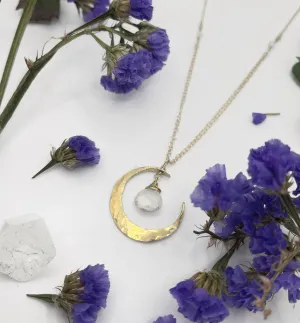 Rainbow Moonstone Crescent Moon Necklace