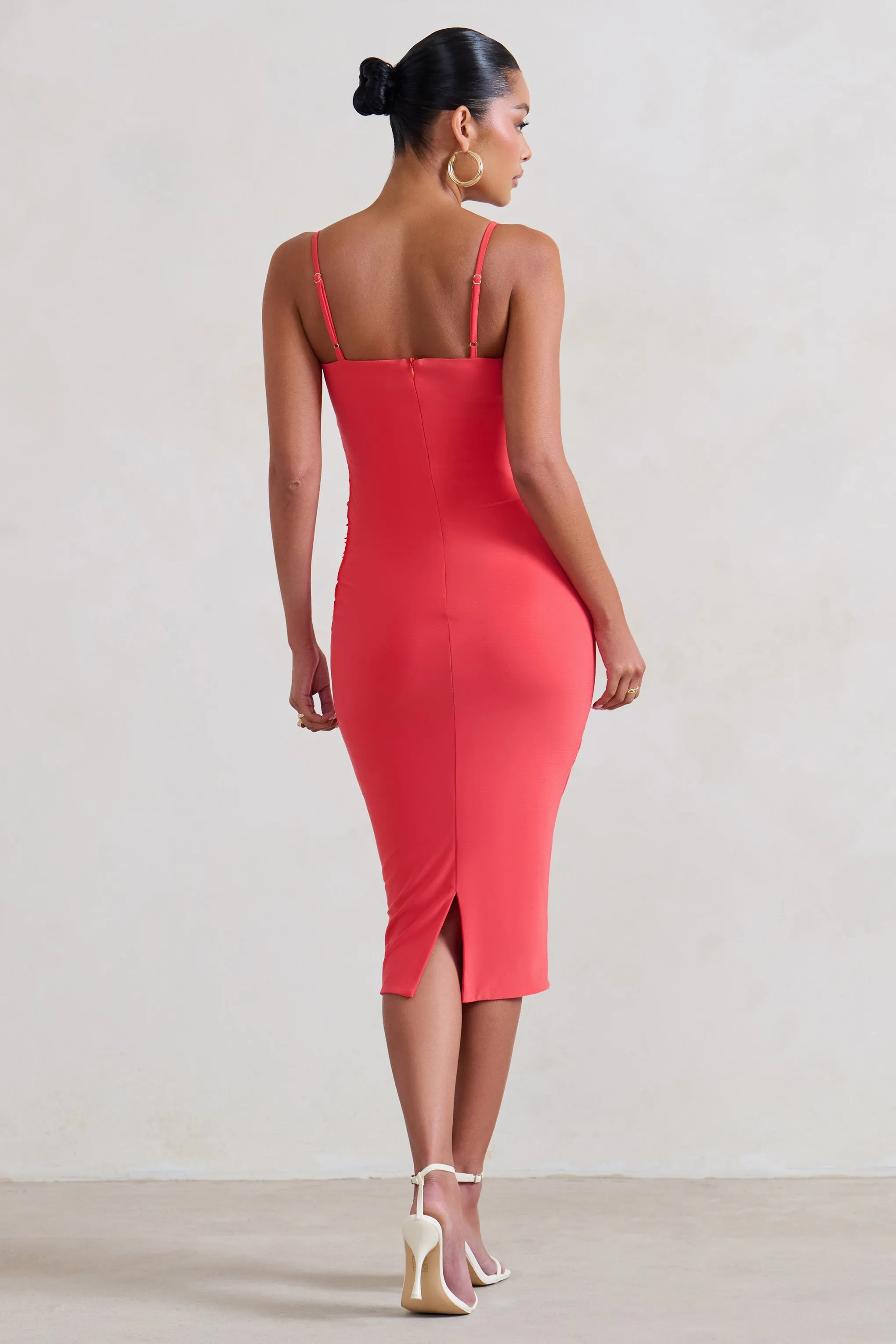 Raquel | Coral Maternity Cami Midi Dress With Split