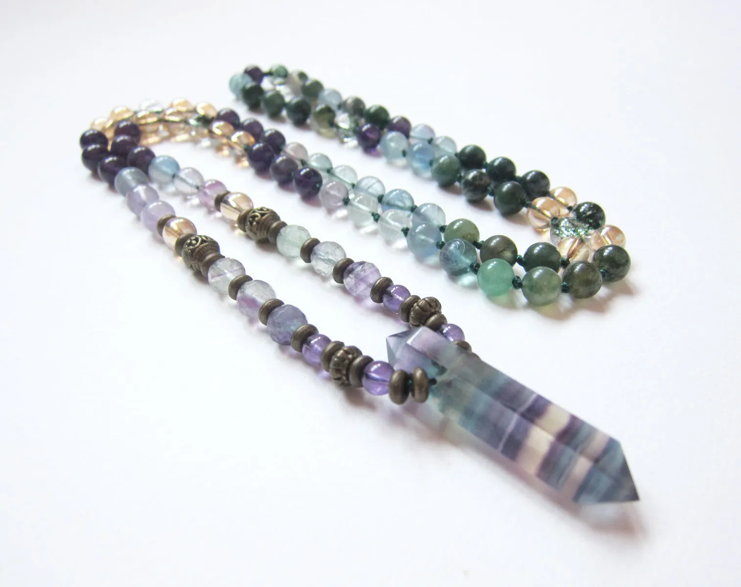 Rustic Bohemia Amethyst, Fluorite Necklace in Double Crystal Point Pendant - Calming, Balancing, Protection