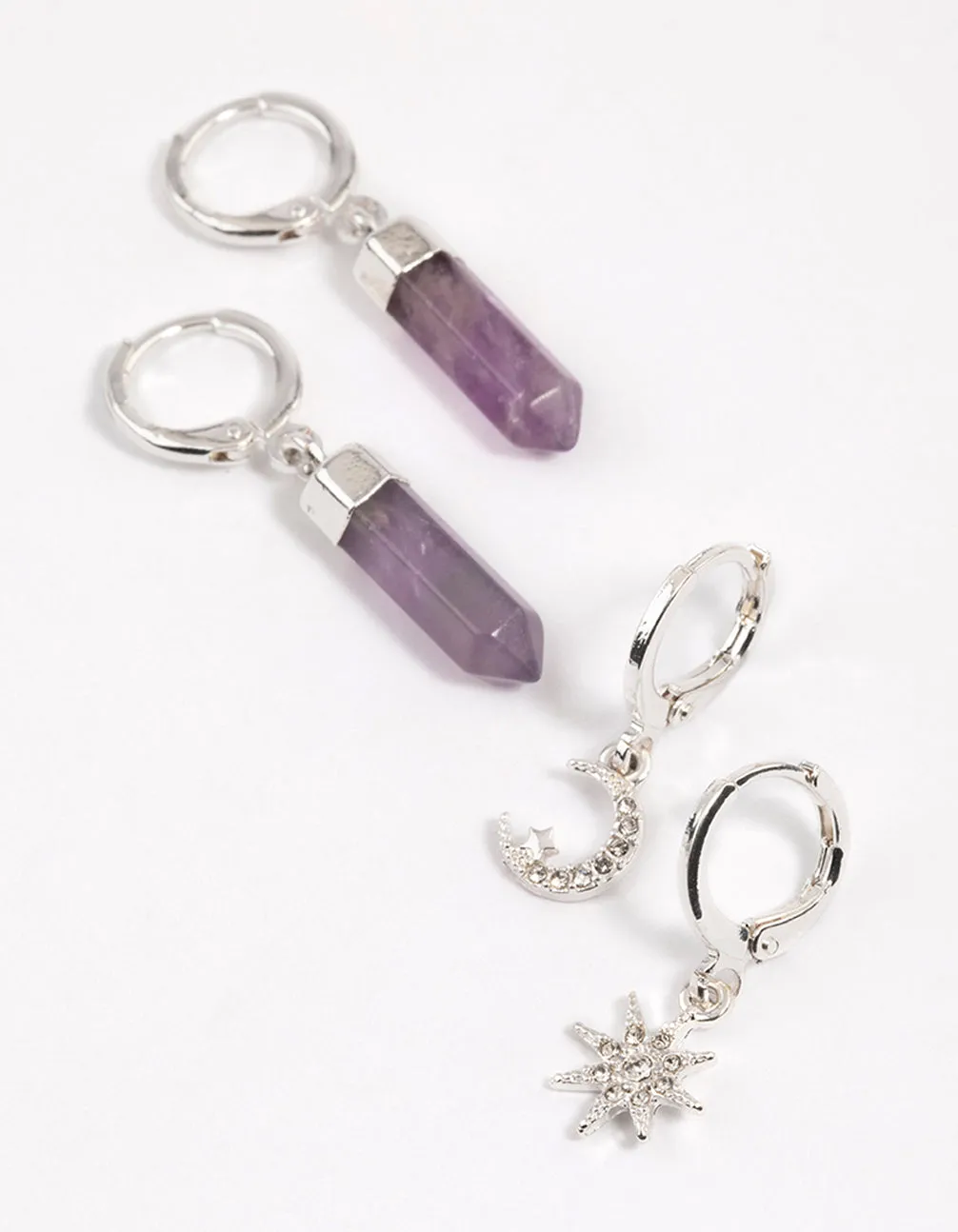 Silver Crystal & Amethyst Hoop Earrings Pack