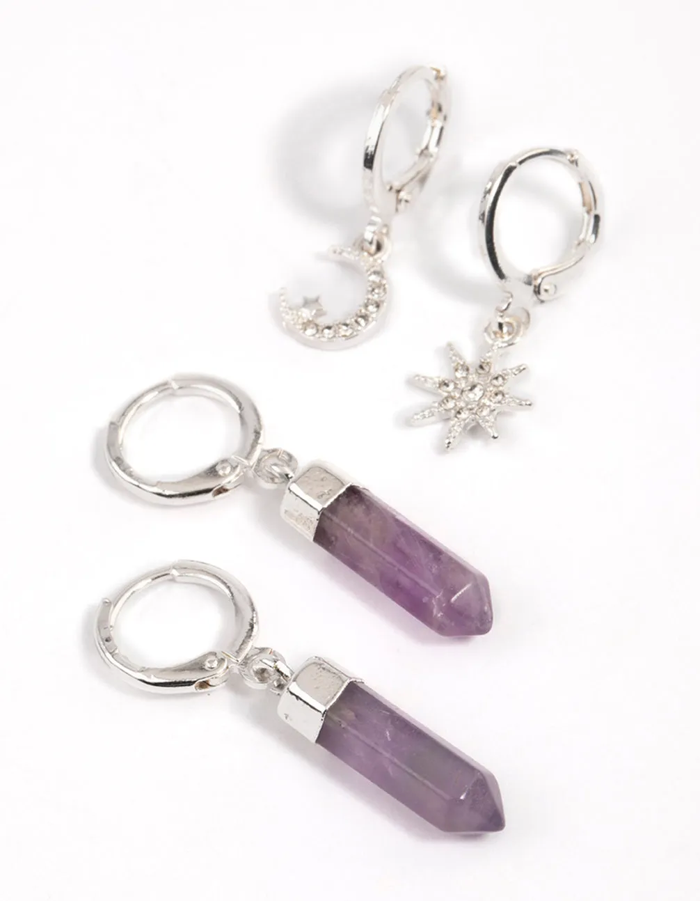 Silver Crystal & Amethyst Hoop Earrings Pack