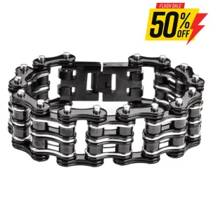 SK1136 Bike Chain Bracelet 1" Wide Black Silver Unisex Stainless Steel Motorcycle Chain Bracelet