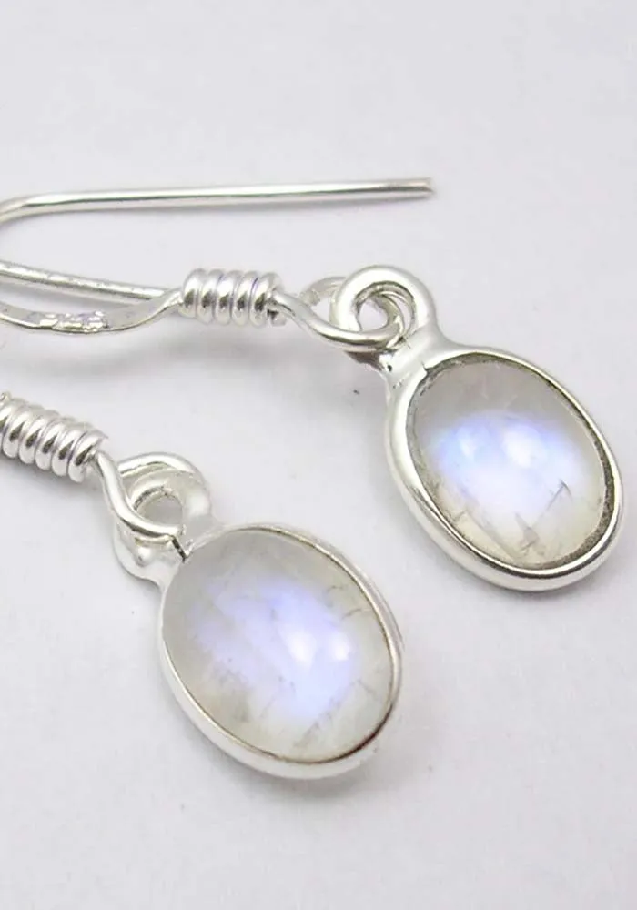 Solid Silver Rainbow Moonstone Oval Drop Earrings