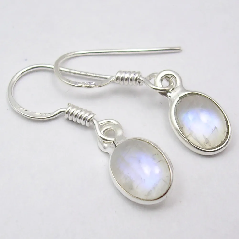 Solid Silver Rainbow Moonstone Oval Drop Earrings