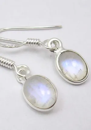 Solid Silver Rainbow Moonstone Oval Drop Earrings