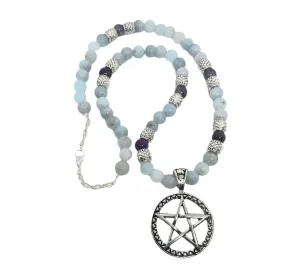 Stainless Steel Pentagram Charm Necklace with Blue Calcite and Dream Amethyst Crystal