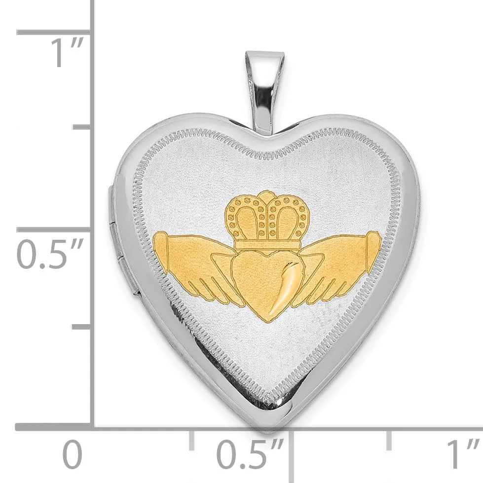 Sterling Silver 20mm Gold-Tone Brushed and Polished diamond cut Claddagh Heart Locket