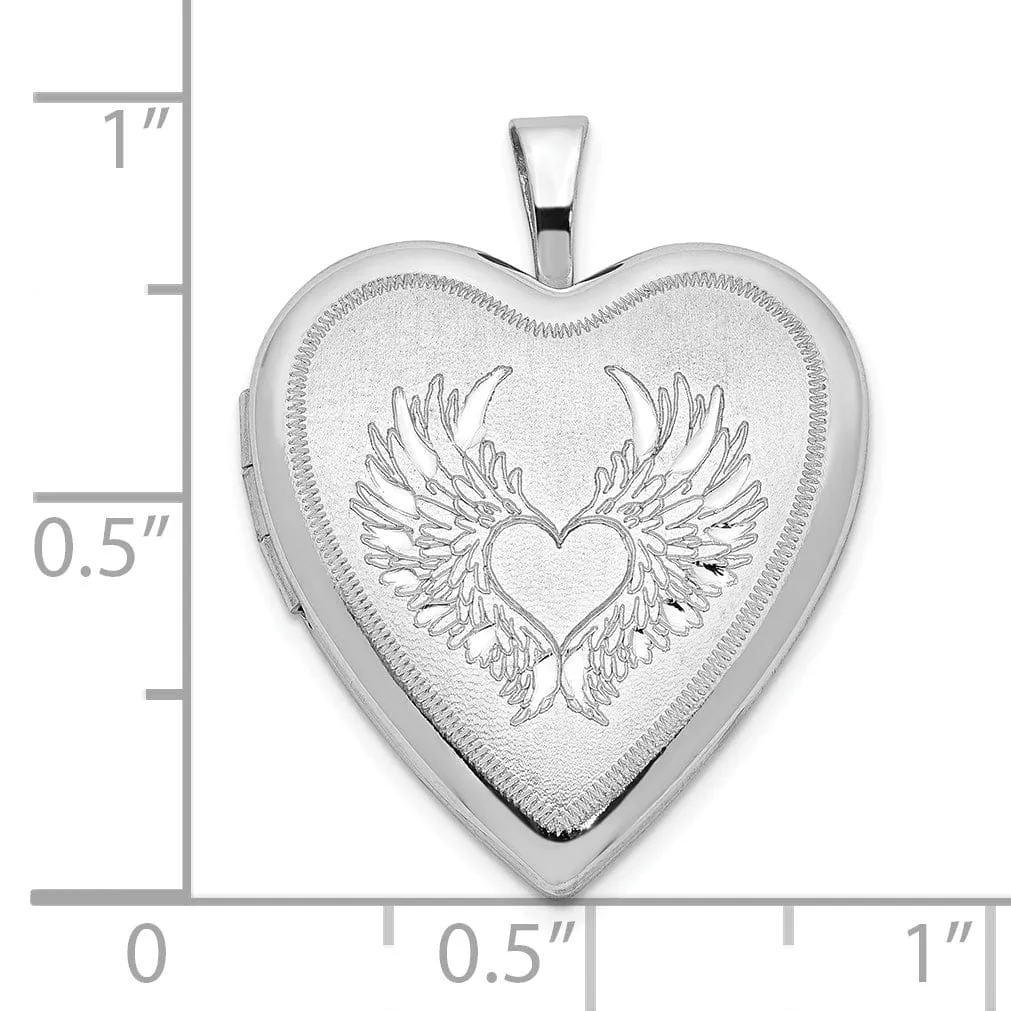 Sterling Silver 21mm Brushed and Polished Heart with Wings Heart Locket