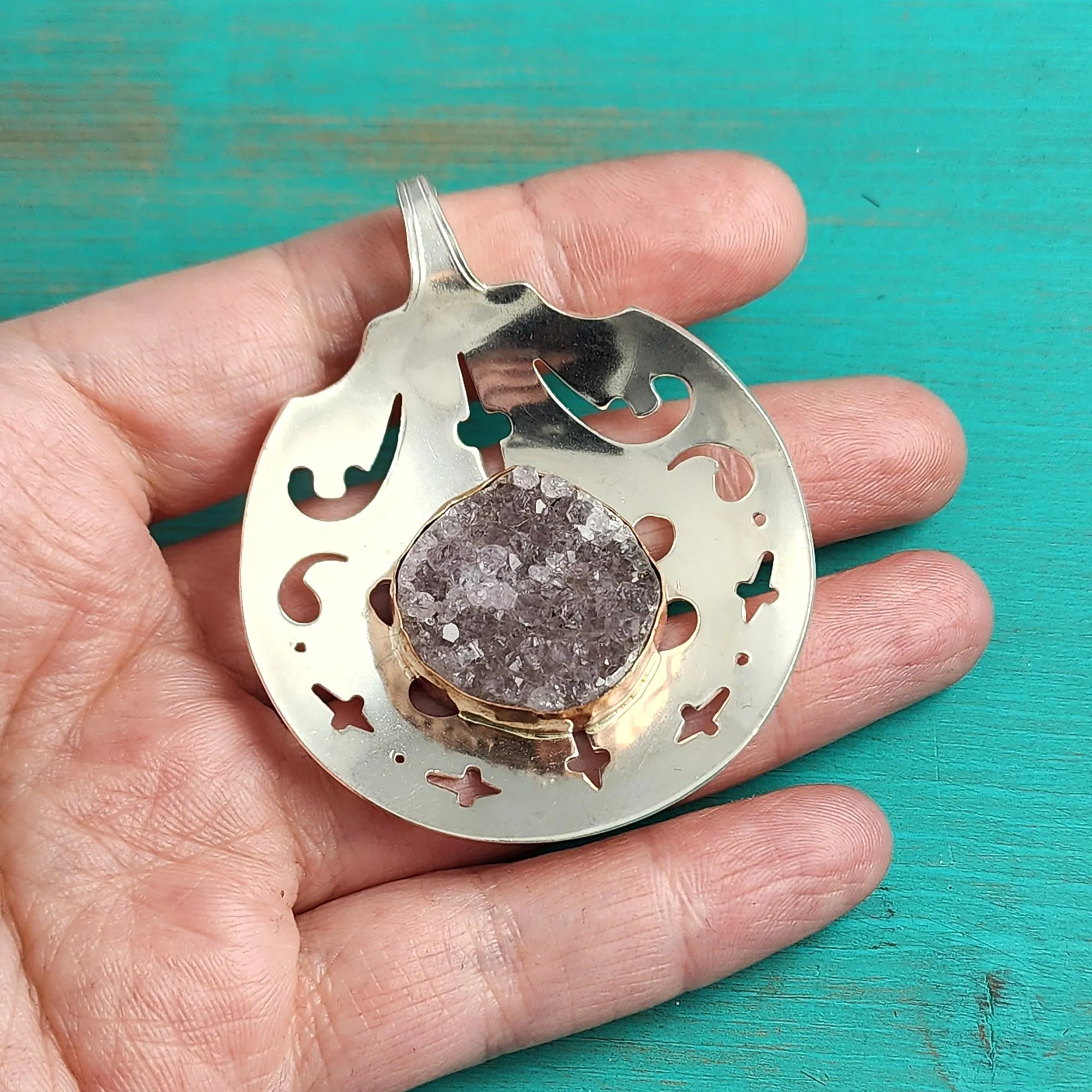 Sterling Silver Amethyst Druzy Bon Bon Spoon Pendant