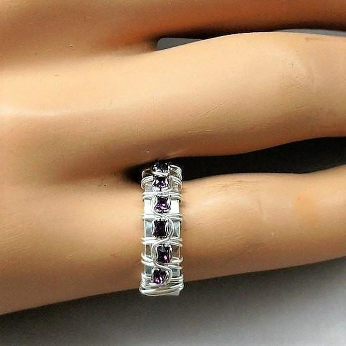 Sterling Silver Hammered Amethyst Rhinestone Bling Ring