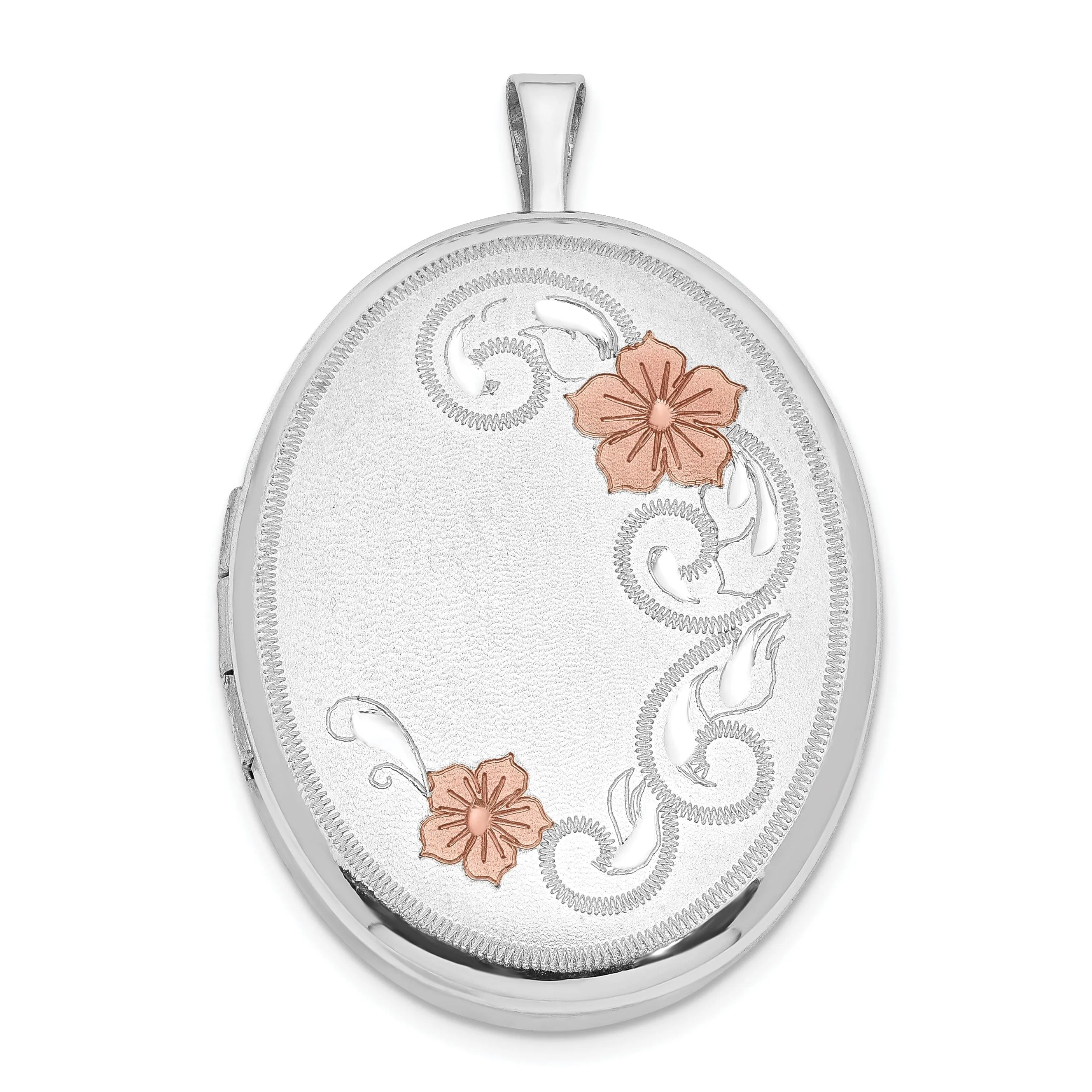 Sterling Silver RH 26mm Brushed, Polished Enameled Flower diamond cut Oval Locket