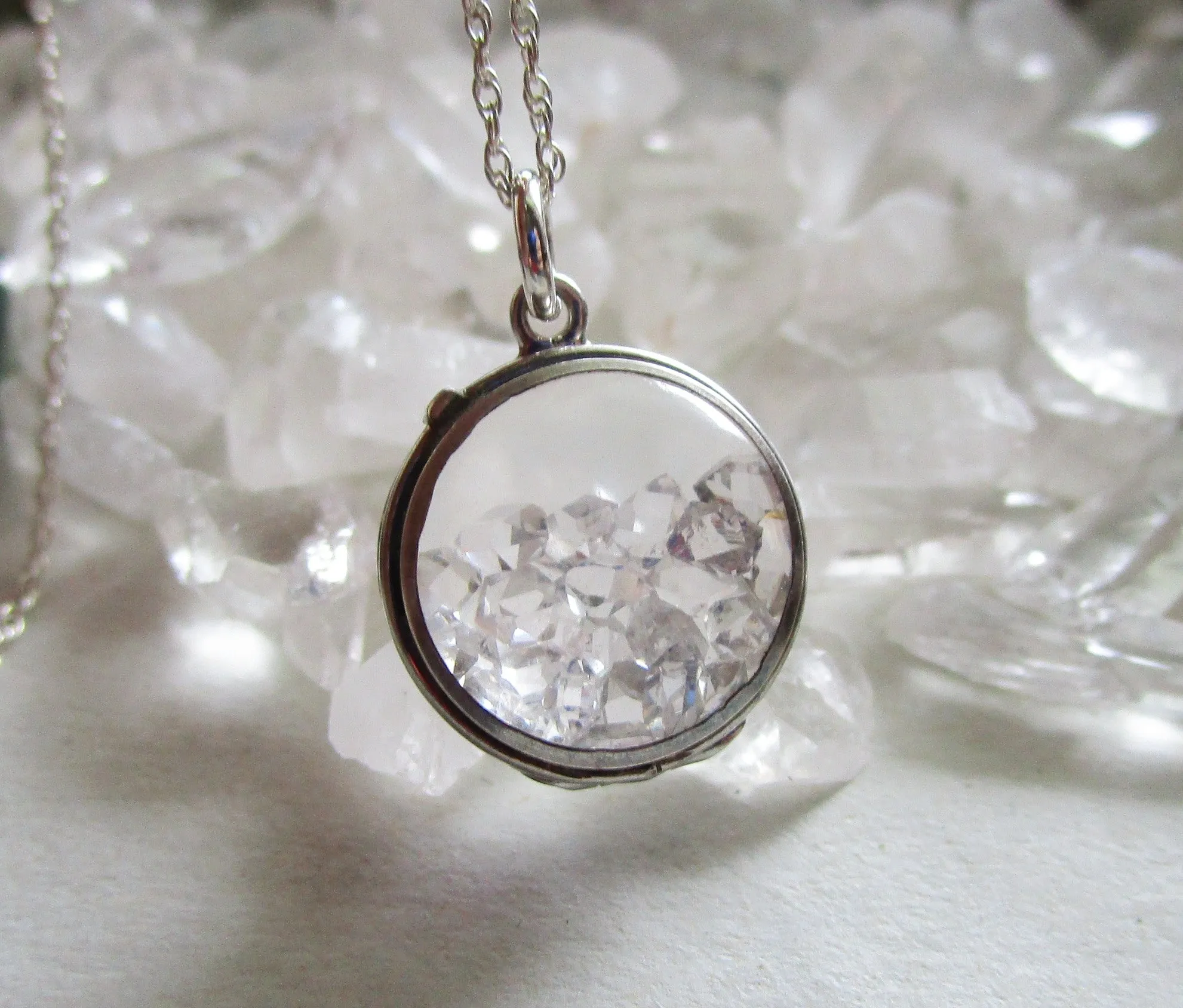 Sterling Silver Vintage Glass Bubble Locket Herkimer Diamonds Necklace