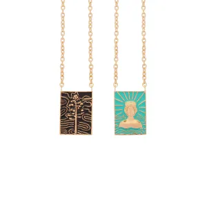 Tanit & Cactus Flower Double Enamel Tag Necklace, Gold Vermeil