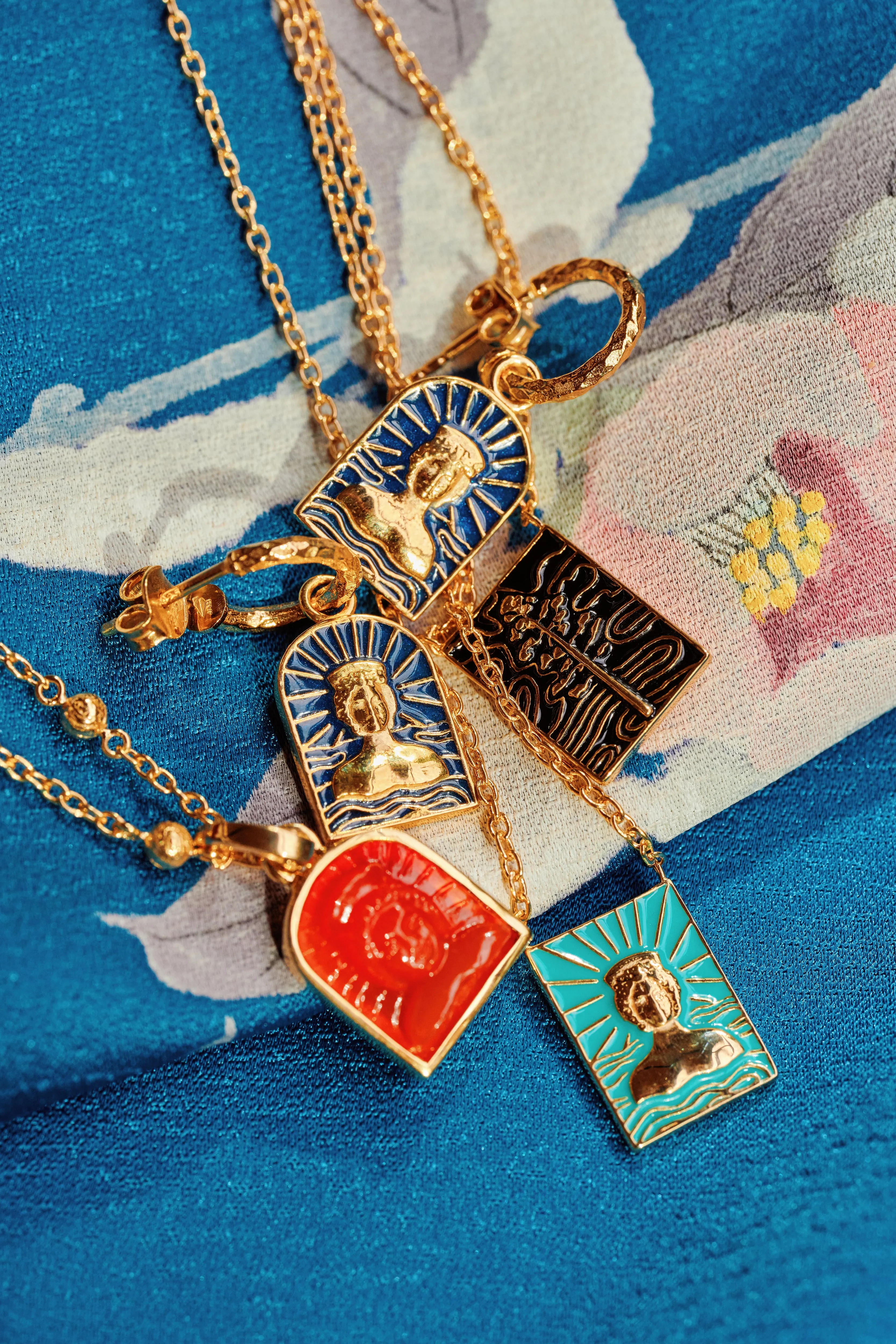 Tanit & Cactus Flower Double Enamel Tag Necklace, Gold Vermeil