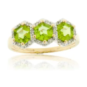 Three Stone Peridot and Diamond Halo Ring