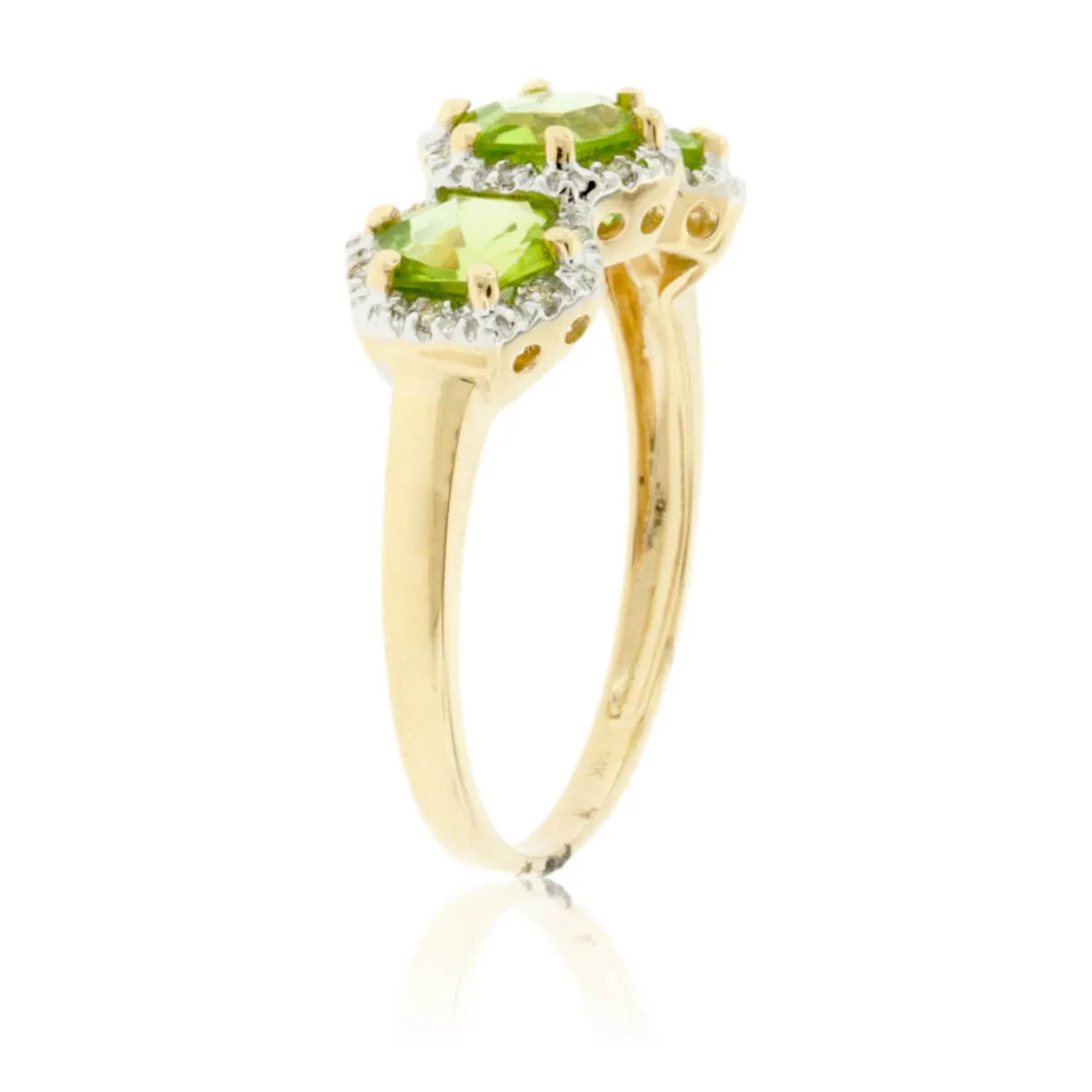 Three Stone Peridot and Diamond Halo Ring