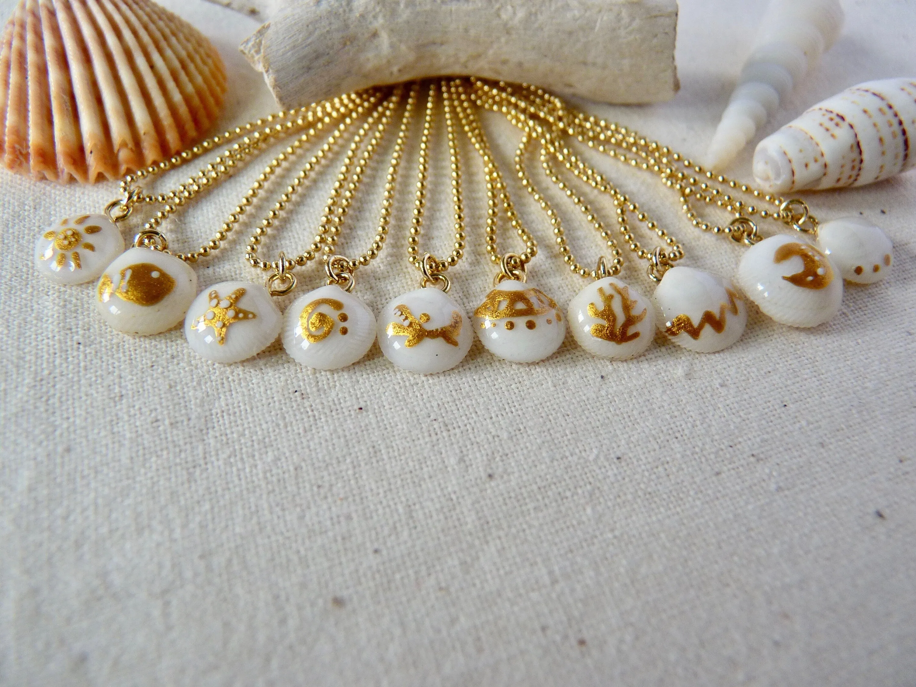 Tiny shell necklace with painting, little coral