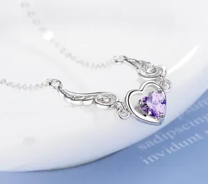 Trendy S925 Silver Jewelry Heart-shaped Amethyst Gemstones Pendants Necklace for Women