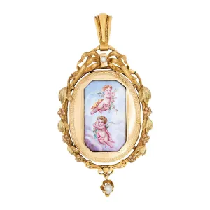 Victorian 14k Pearl Painted Enamel Cherub Locket Pendant