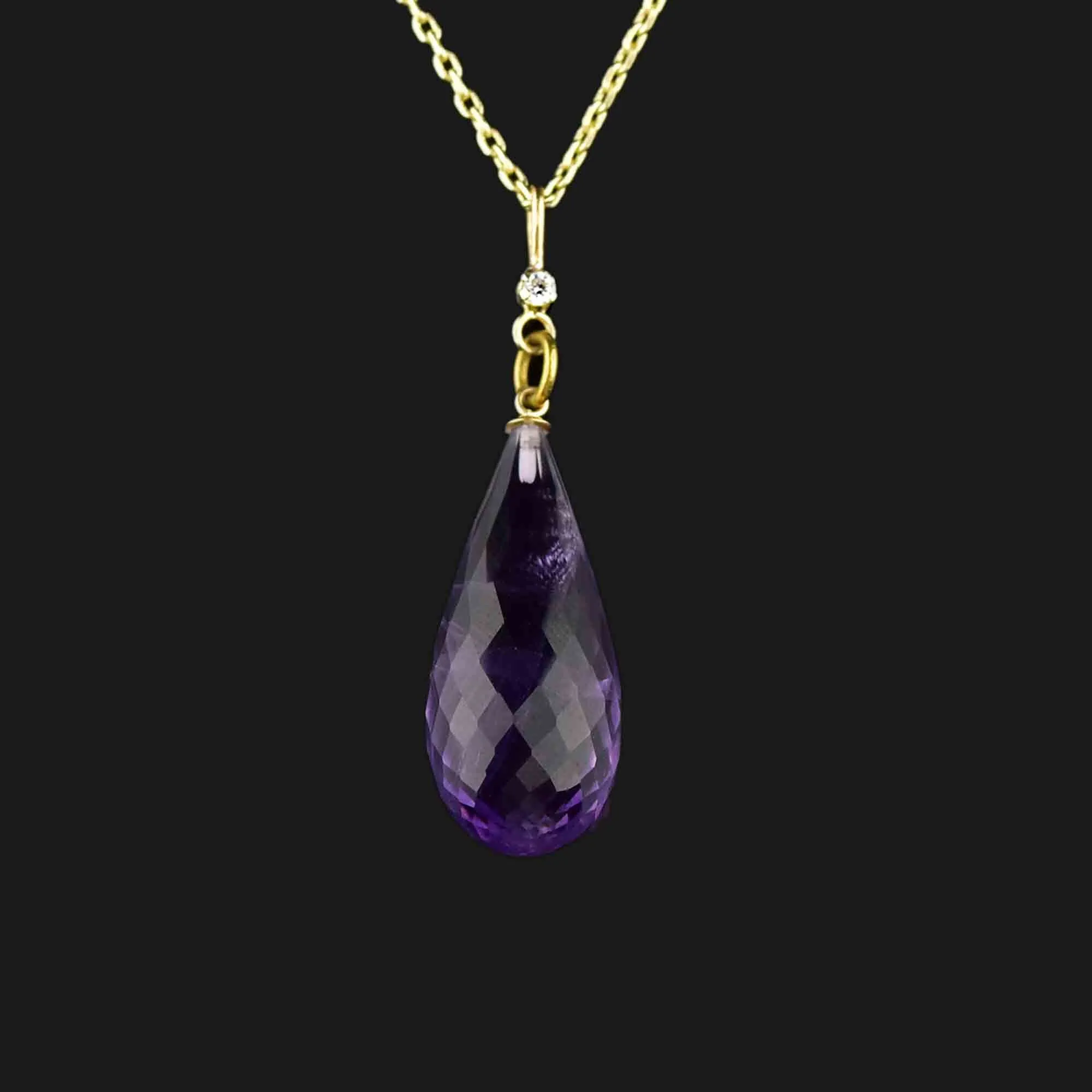 Vintage 9K Gold Diamond Briolette Cut Amethyst Pendant Necklace