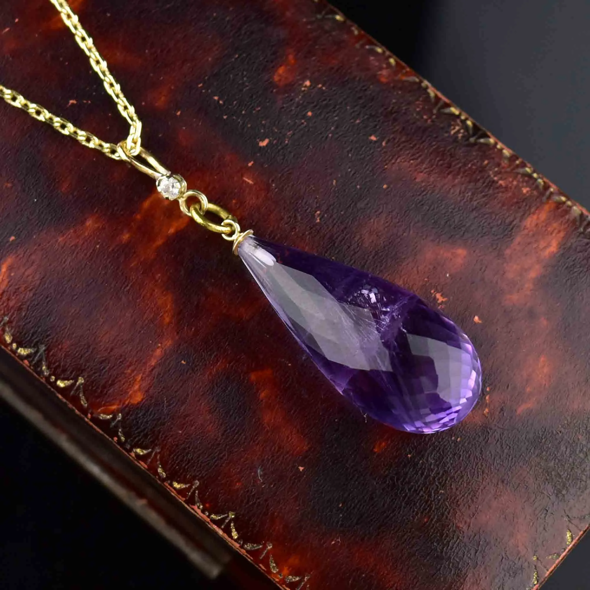 Vintage 9K Gold Diamond Briolette Cut Amethyst Pendant Necklace