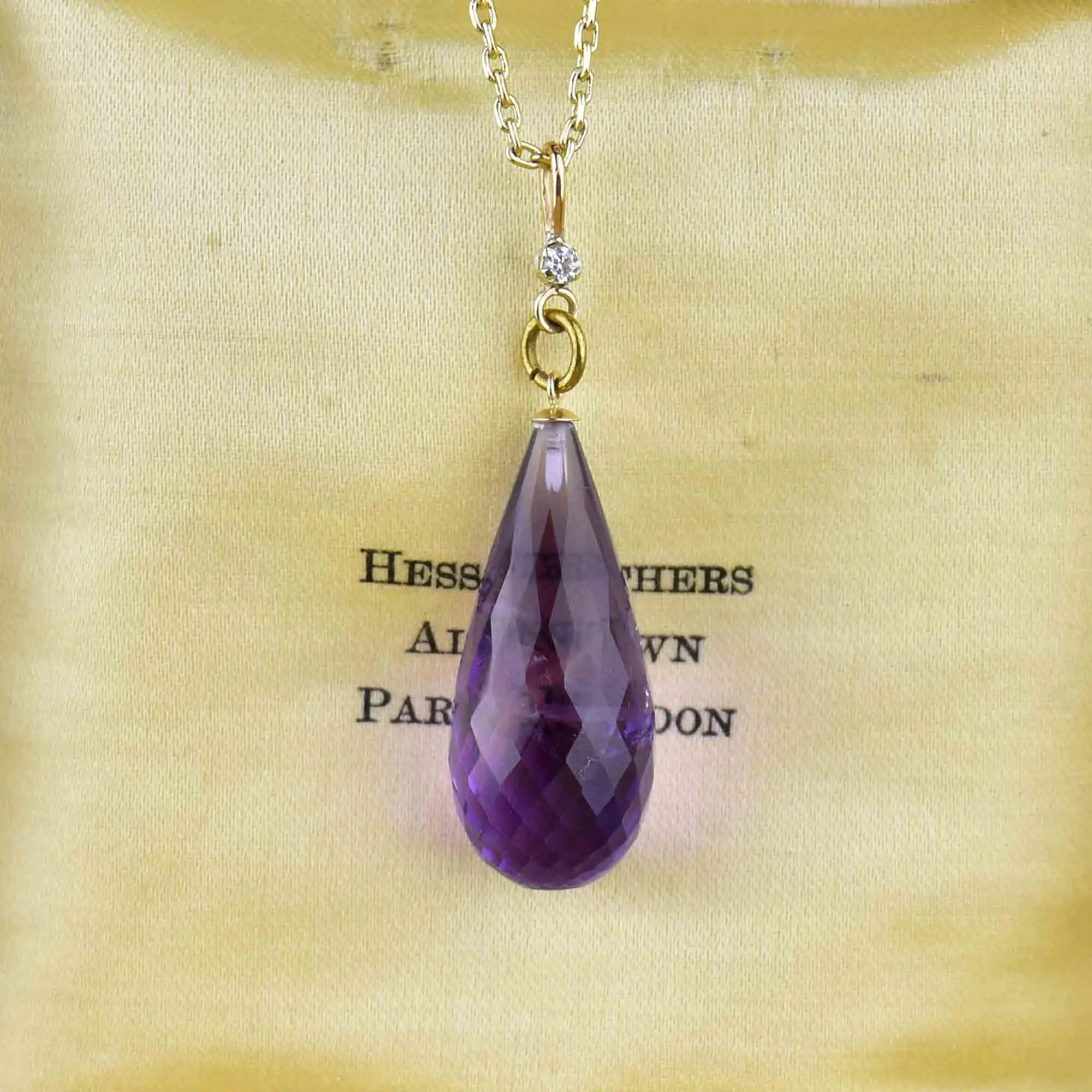 Vintage 9K Gold Diamond Briolette Cut Amethyst Pendant Necklace