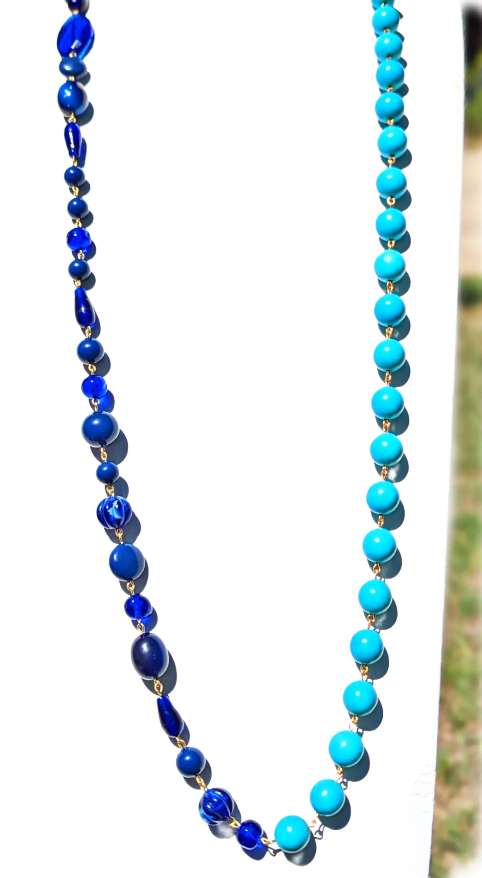 Vintage Blue Glass   Turquoise Beads Amazing Long Necklace Gay Isber one of a kind USA Made 1 of 1