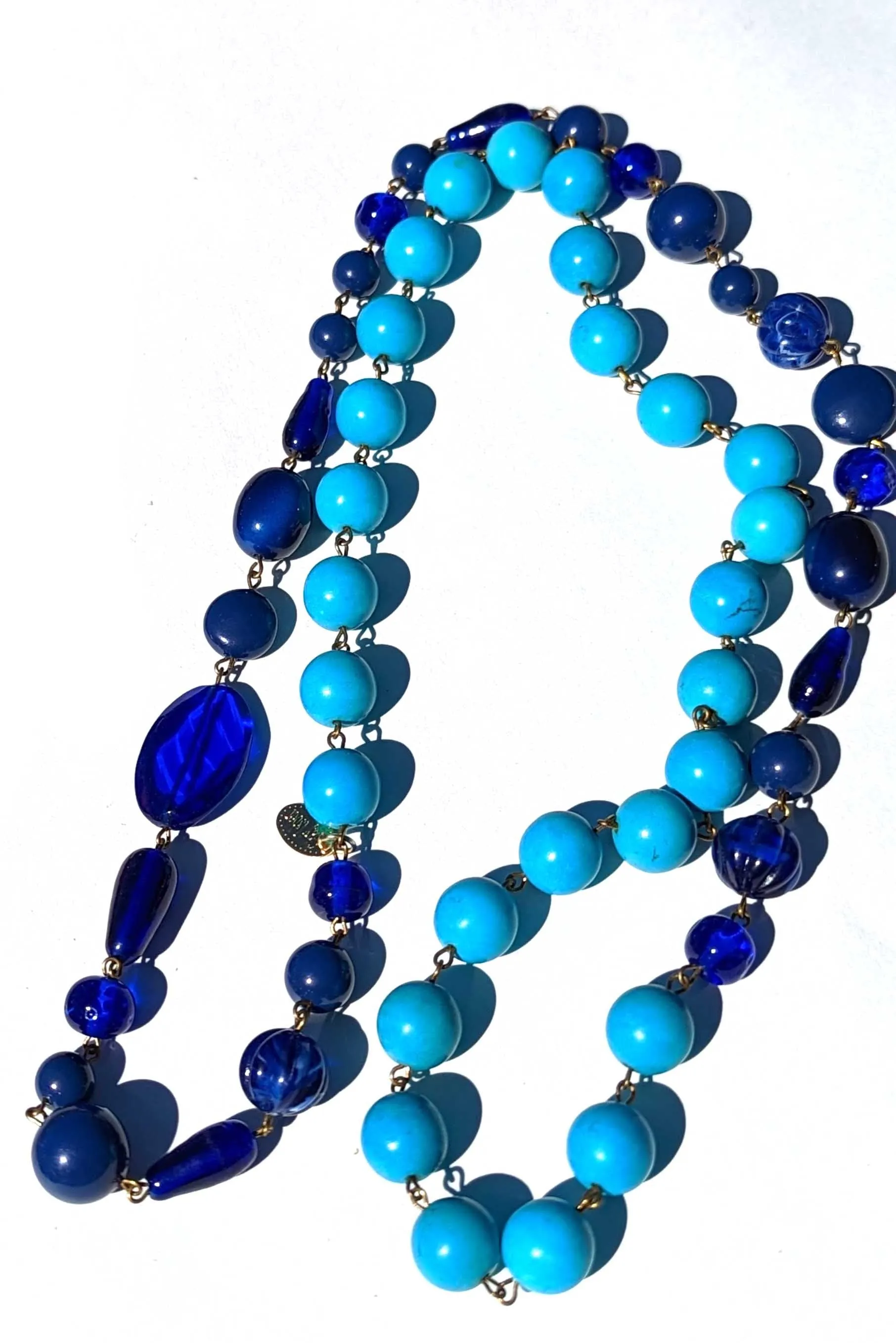 Vintage Blue Glass   Turquoise Beads Amazing Long Necklace Gay Isber one of a kind USA Made 1 of 1