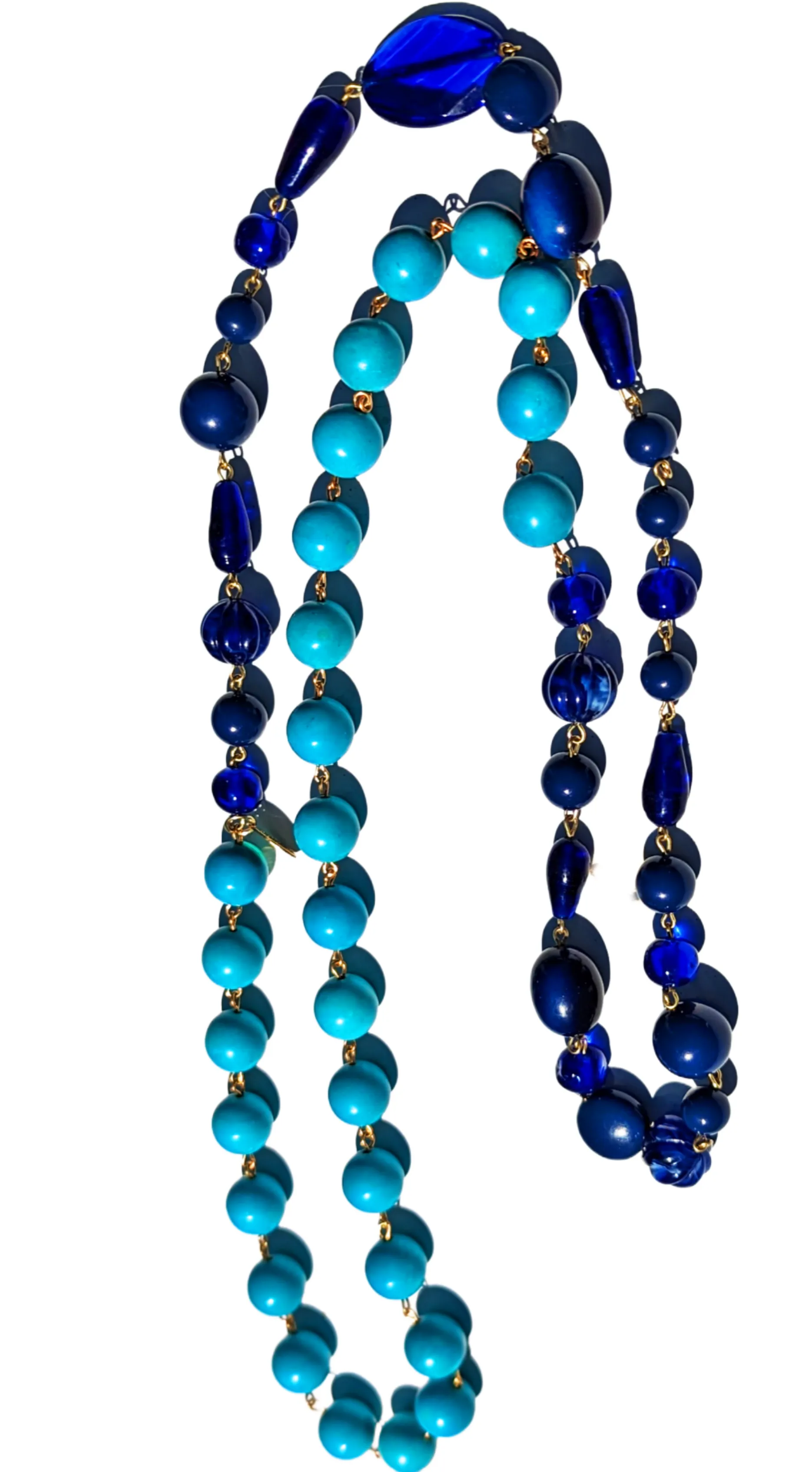 Vintage Blue Glass   Turquoise Beads Amazing Long Necklace Gay Isber one of a kind USA Made 1 of 1