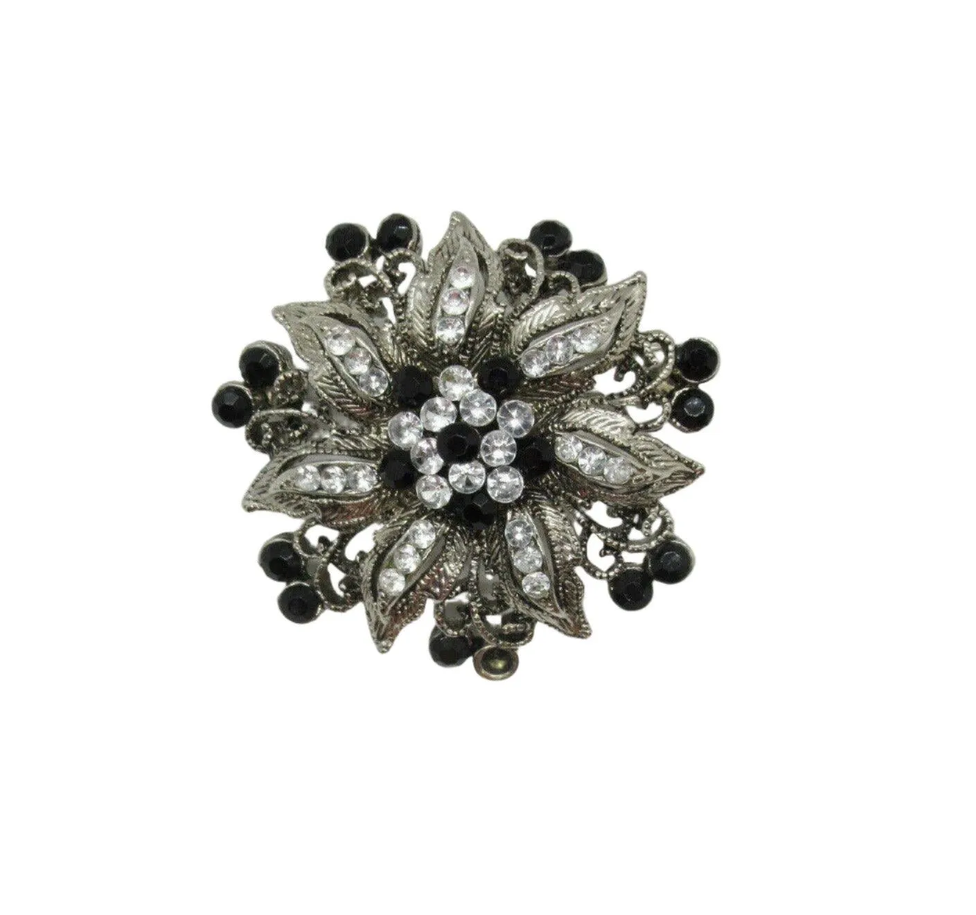 Vintage Floral Brooch with Black and White Stones