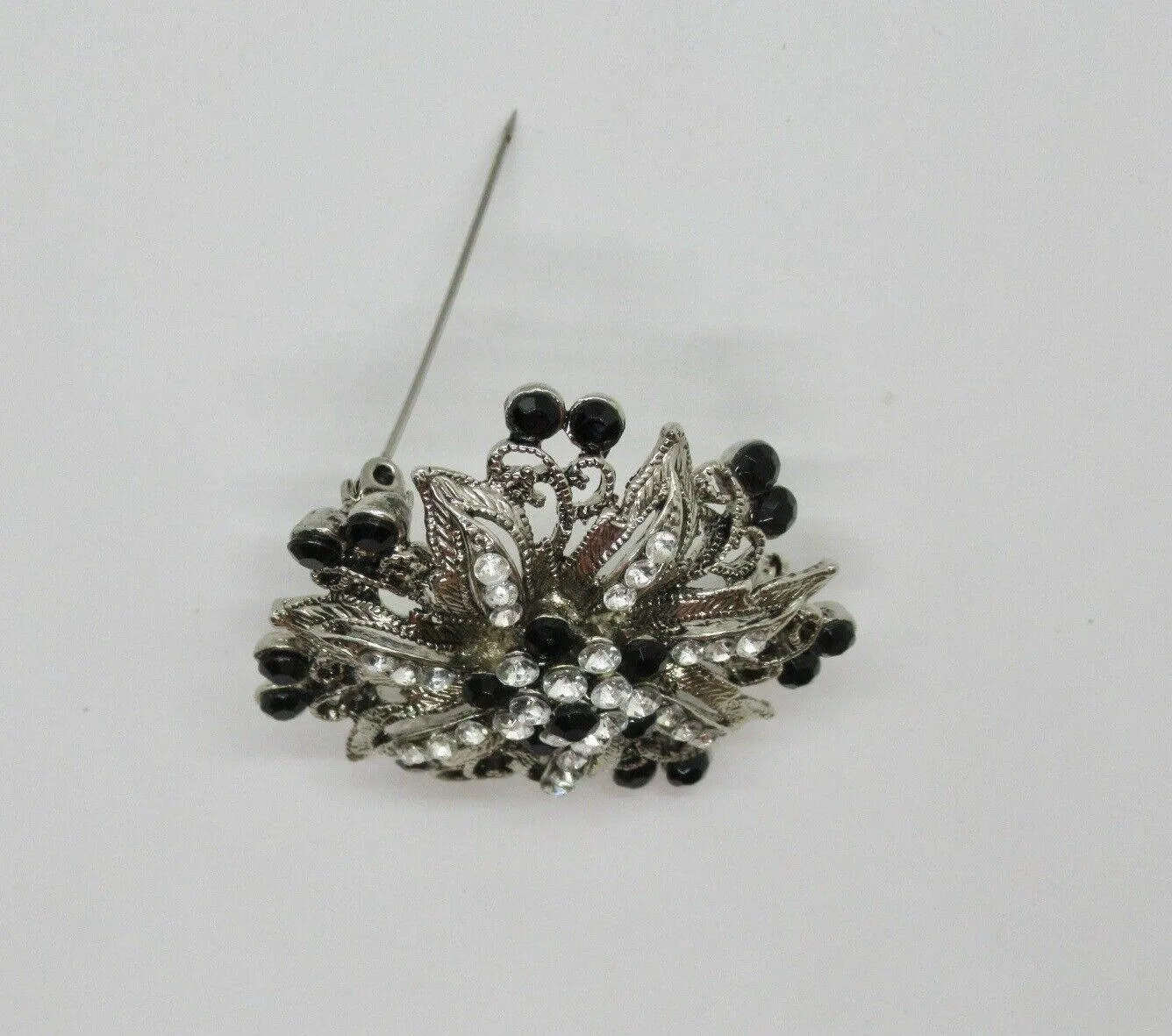 Vintage Floral Brooch with Black and White Stones