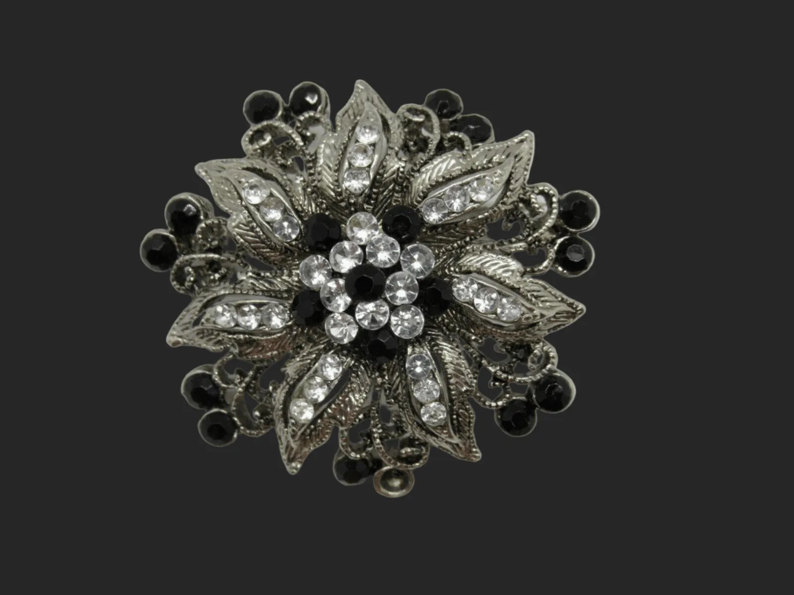 Vintage Floral Brooch with Black and White Stones