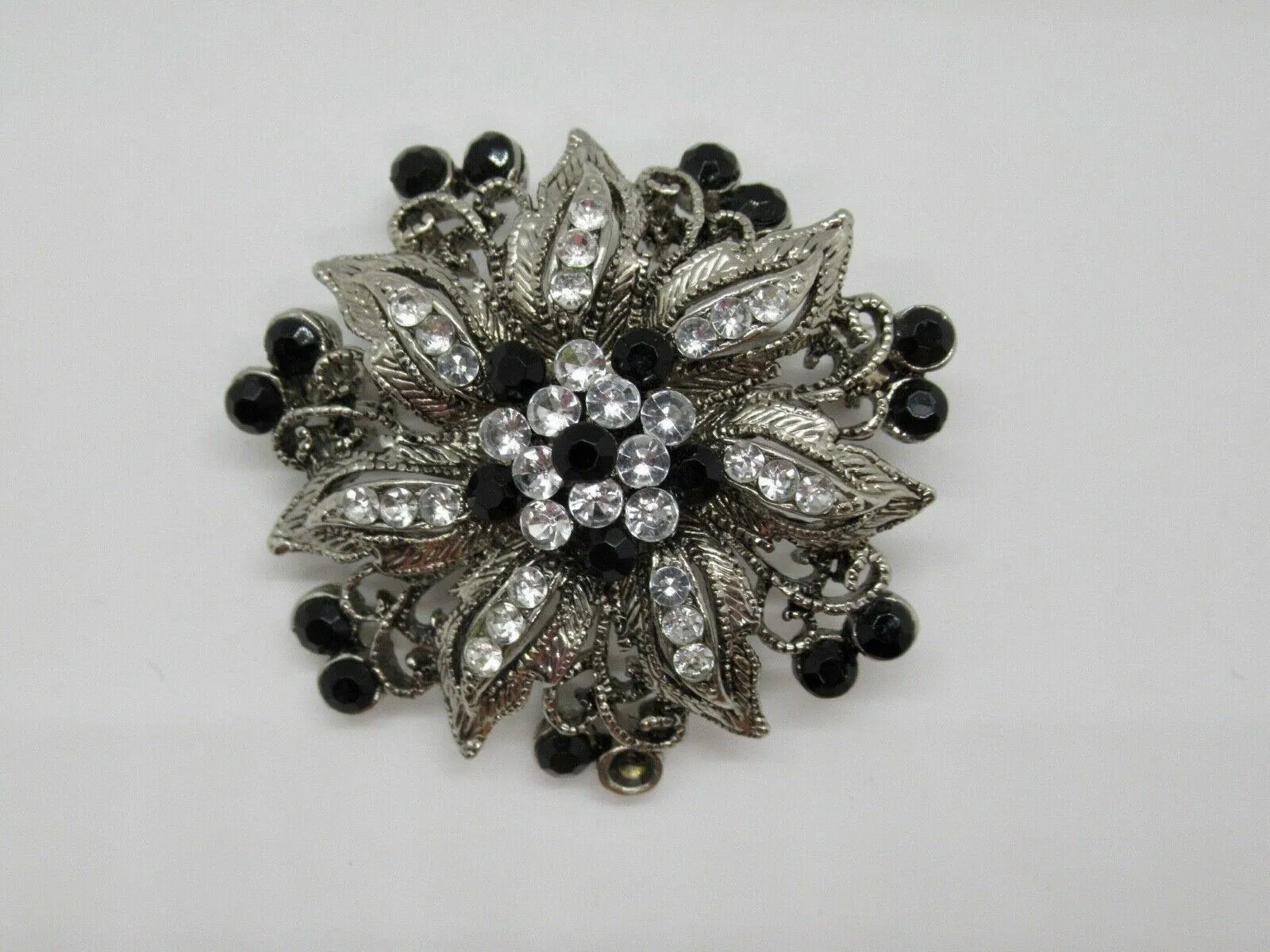 Vintage Floral Brooch with Black and White Stones