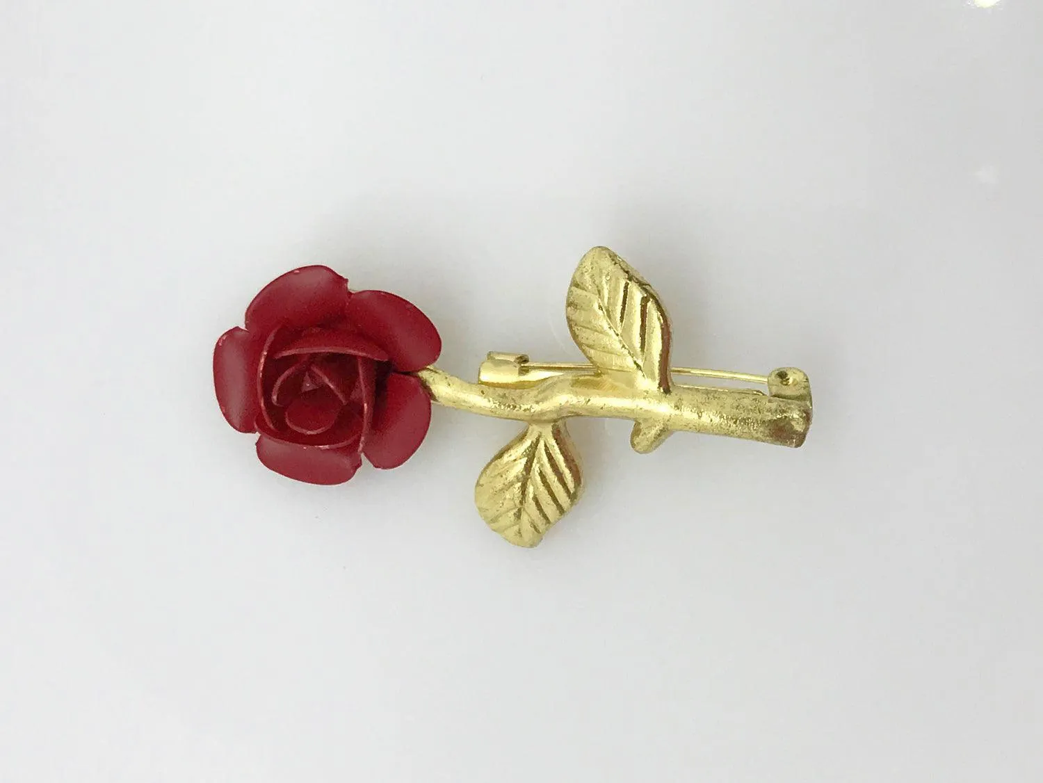 Vintage Open Red Rose Brooch