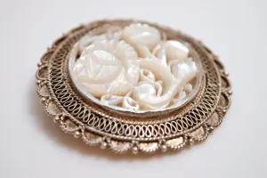 Vintage Silver and Carved Mother of Pearl Brooch or Pendant From the Holy Land