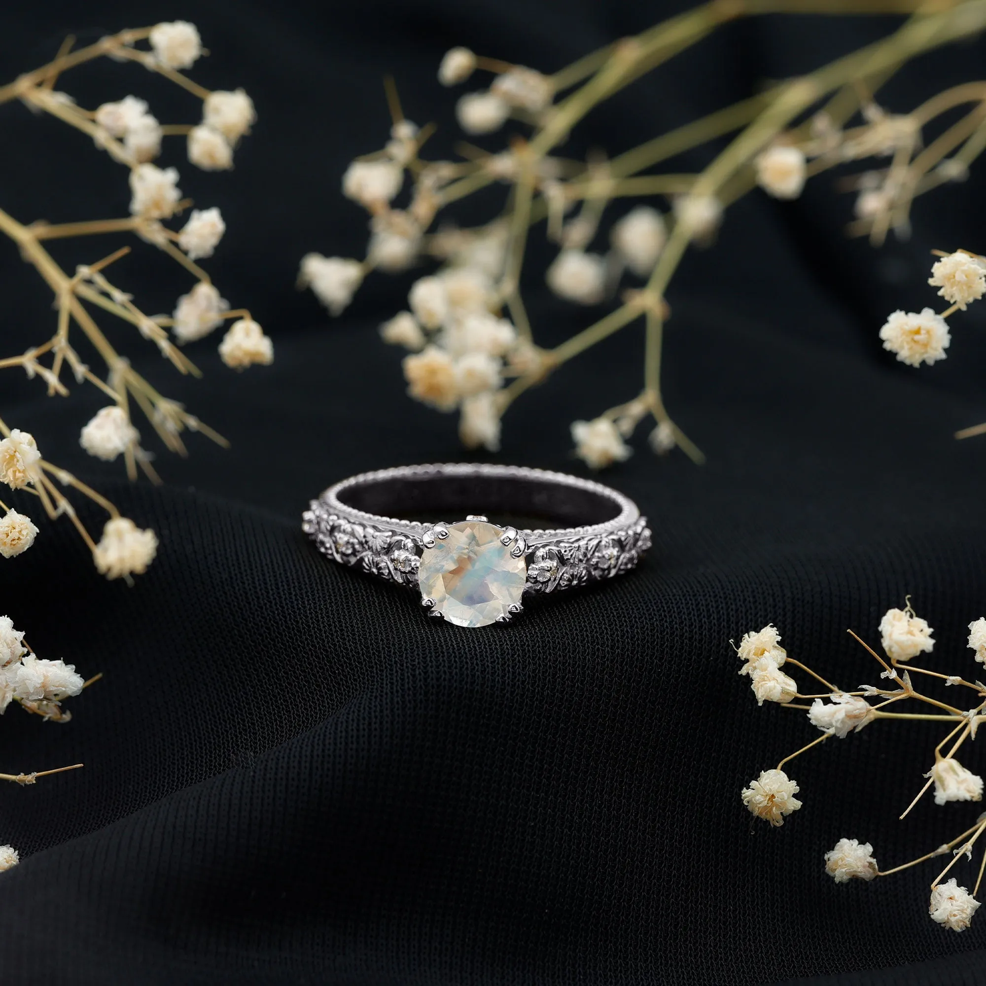 Vintage Style Flower Engagement Ring with Moonstone and Diamond