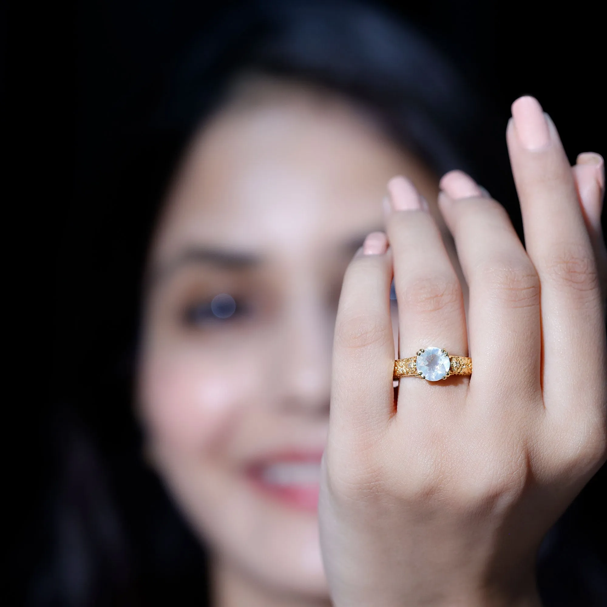 Vintage Style Flower Engagement Ring with Moonstone and Diamond