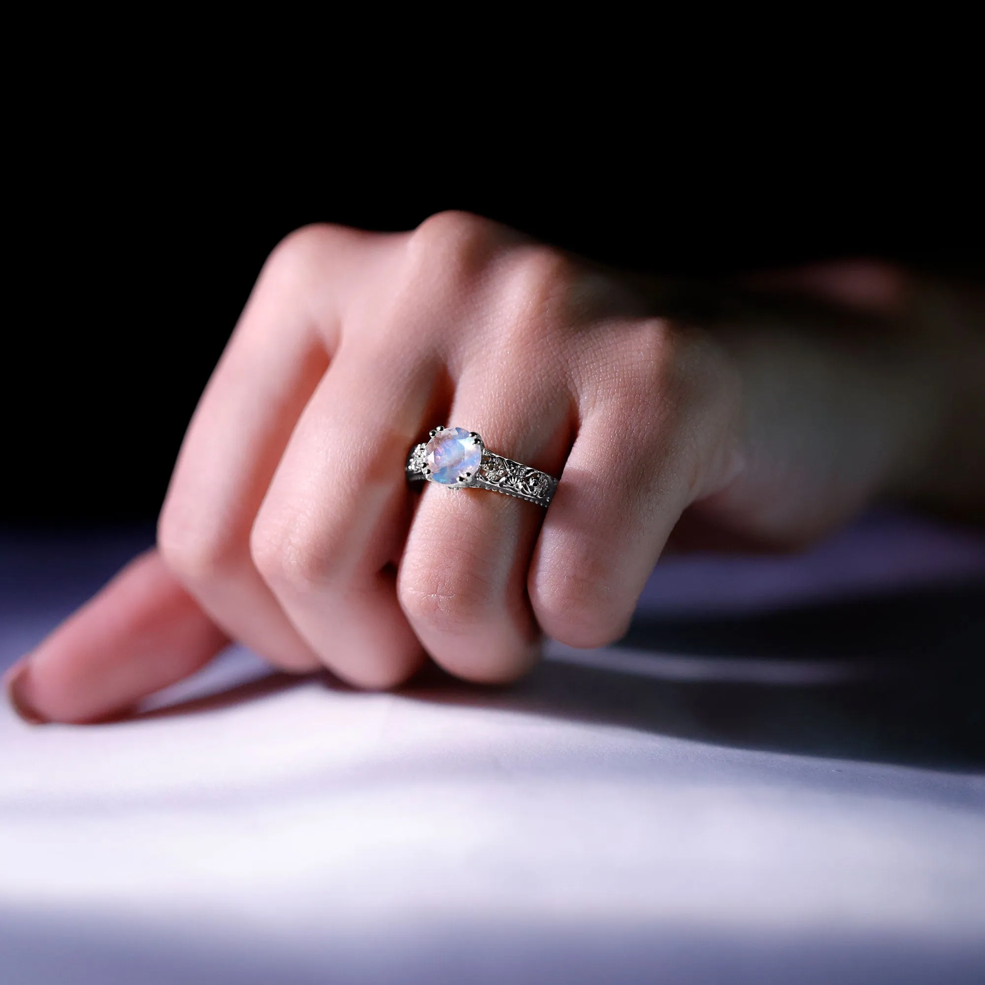 Vintage Style Flower Engagement Ring with Moonstone and Diamond