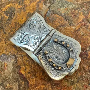 Western Engraved Gold & Sterling Silver Horse Shoe Money Clip