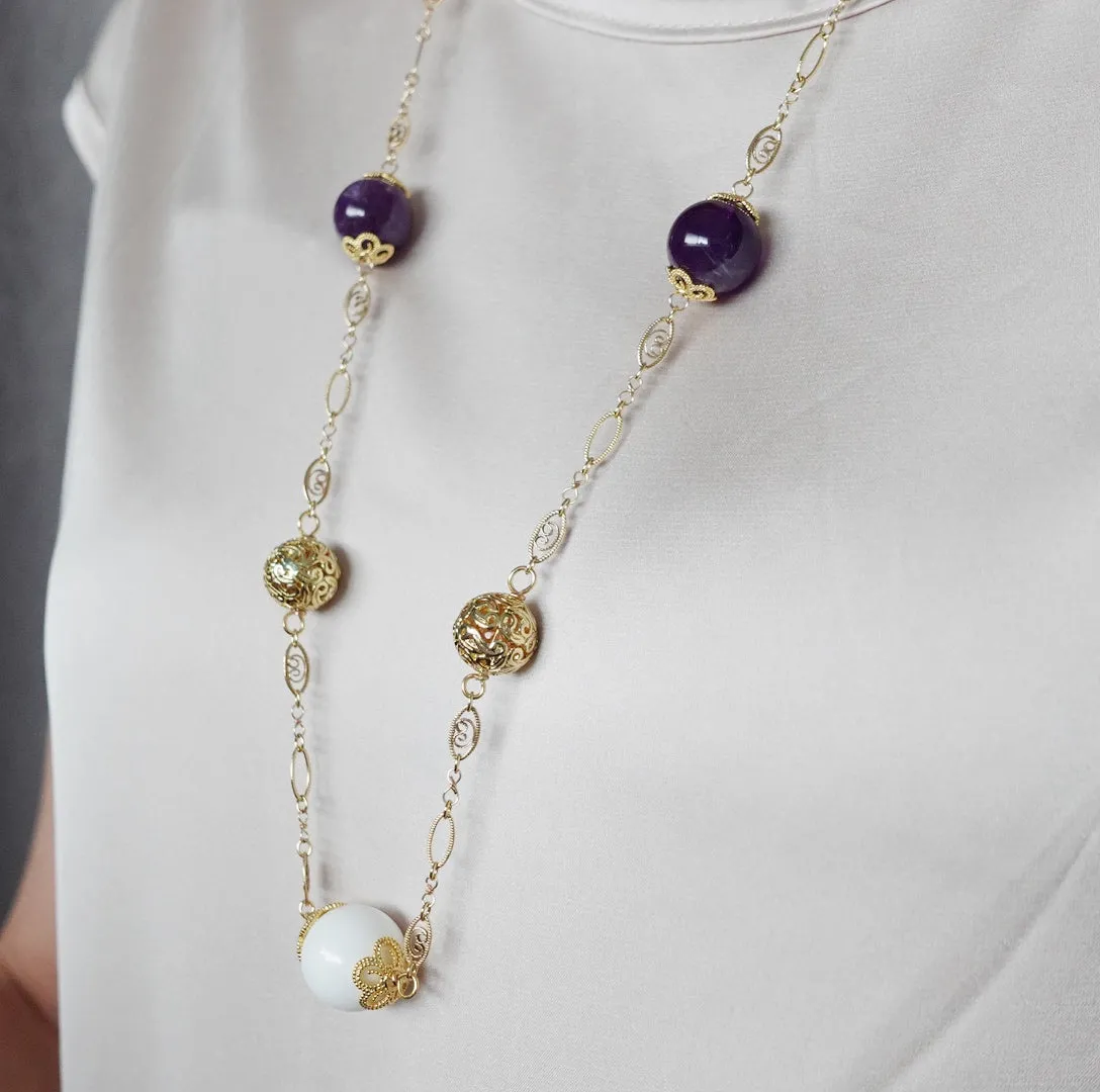 Winter Amethyst and Tridacna Long Chain Necklace