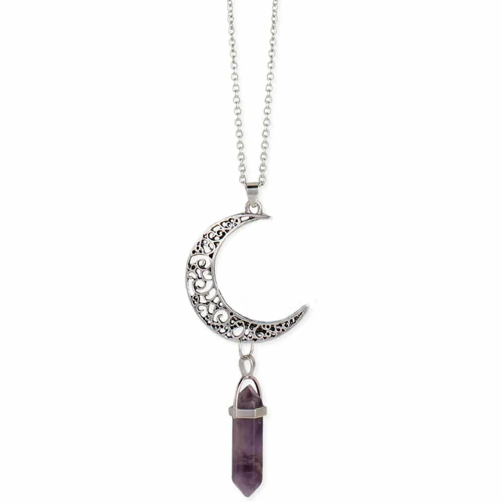 Zad Moon Drop Silver Stone Long Necklace